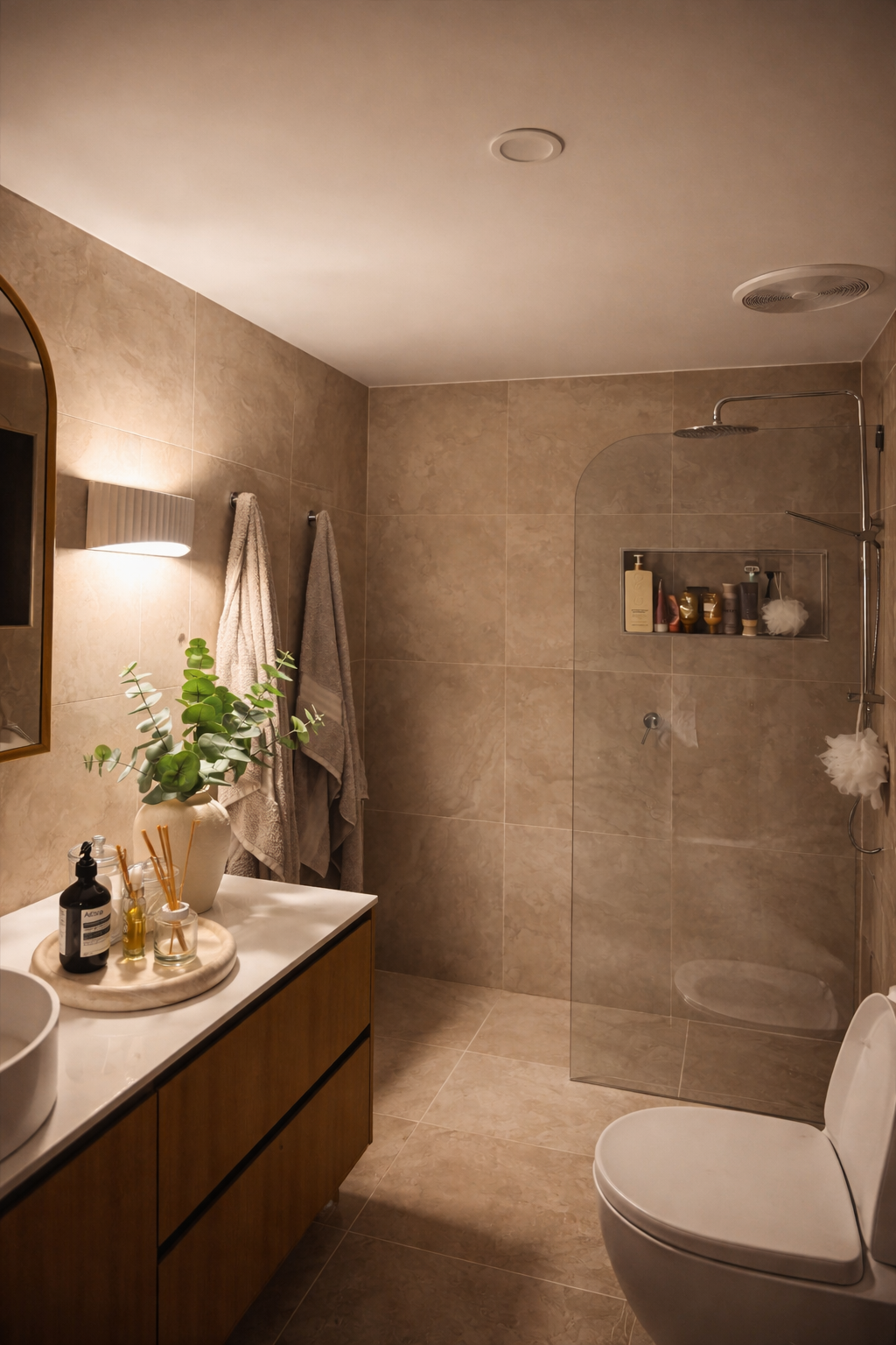 Premium bathroom renovation completed by Hayes Electrical Co